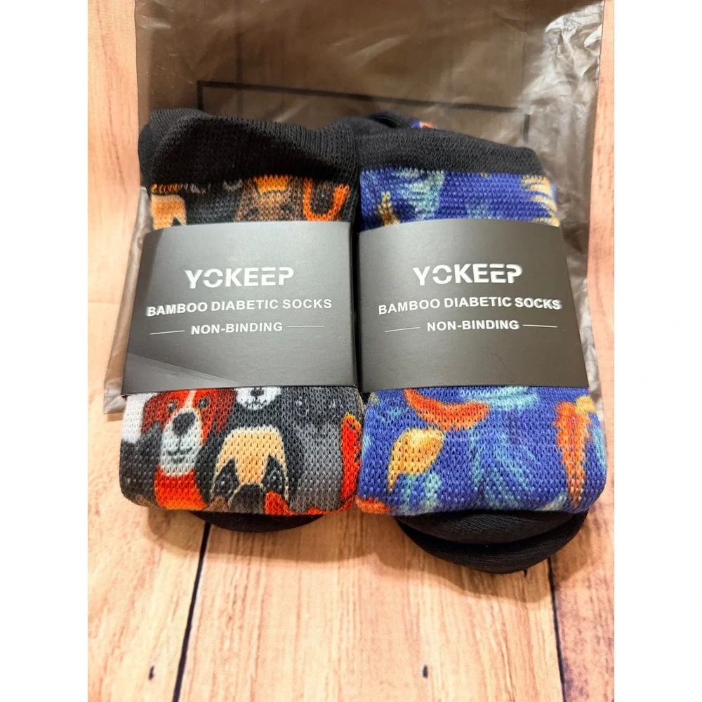 YOKEEP Bamboo Diabetic Socks Non-Binding 2 Pair Bundle Dogs Tropical Blue Large